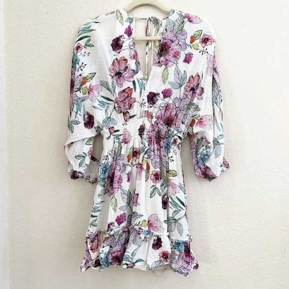 Lovestitch Women's Floral Smocked Baby Doll  Small‎ V neck Dress - Picture 4 of 15